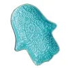 Green hand shape, blue ceramic plate, floral geometric relief with golden edges Item Picture